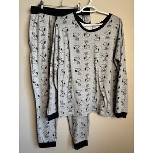 Peanuts Snoopy Pajama Set Gray Long Sleeve Top Jogger Pants Womens Medium Cozy
